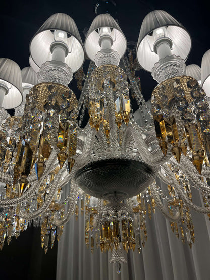 Lampadario di lusso classico a più livelli con paralume in cristallo giallo e candela, grande e luminoso, per stanze con soffitti alti/soggiorno