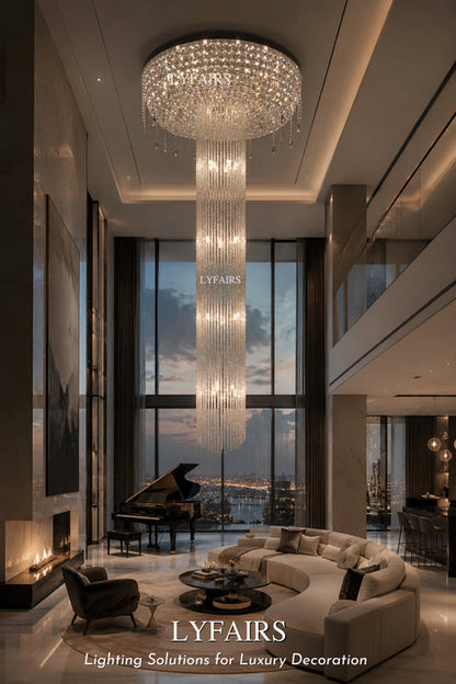 Extra Large Flush Mount Silver Waterfall Luxury Ceiling Crystal Chandelier for High-ceiling Living Room/Duplex Hall