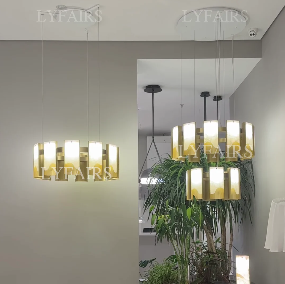 Modern 1/2/3/4 Tier Round Brass Chandelier with Jade