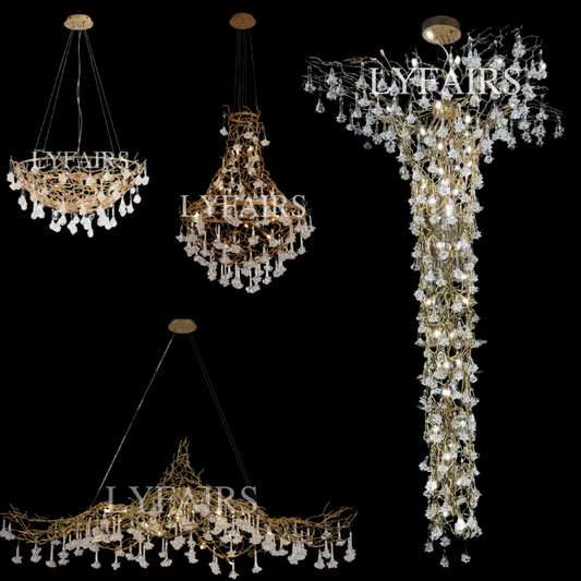 Nature-inspired Brass Tree Chandelier with Glazed Glass Flowers