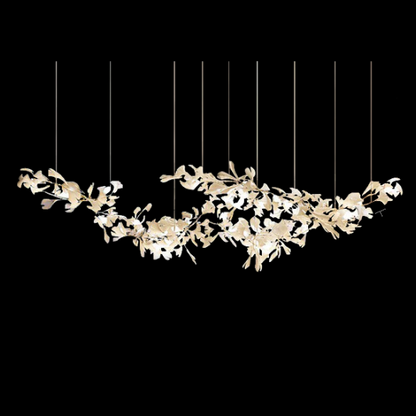 Lampadario in ceramica extra large con fiori bianchi, a forma di ramo d'albero in ferro, per ampio soggiorno/sala da pranzo.