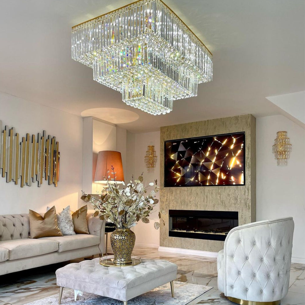 Square Crystal Ceiling Crystal Chandelier Light Fixture Three Layers