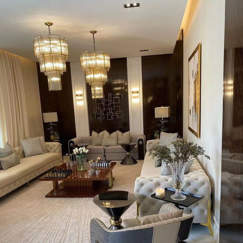 Modern Multi-tiered Tiles Crystal Rods Chandelier for High-ceiling