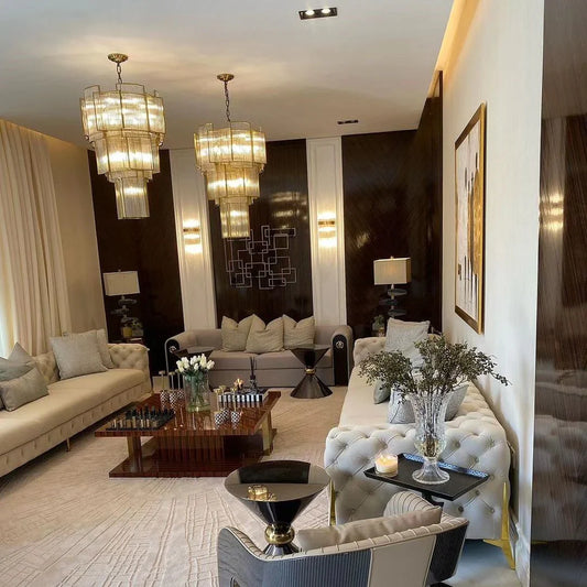 Modern Multi-tiered Tiles Crystal Rods Chandelier for High-ceiling