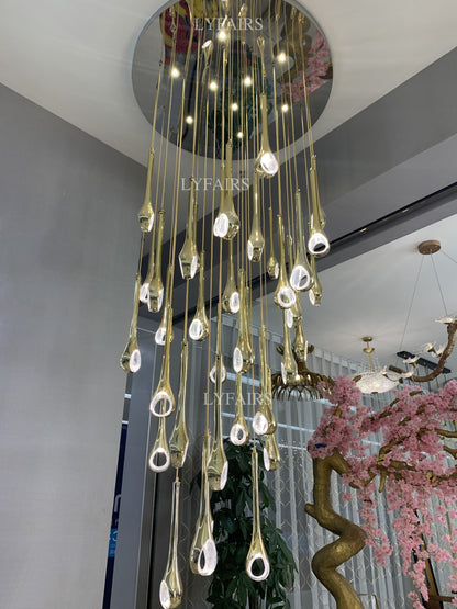 Modern Floating Long Gold Pendant Celing Chandelier for Living Room/Stairs/Foyer