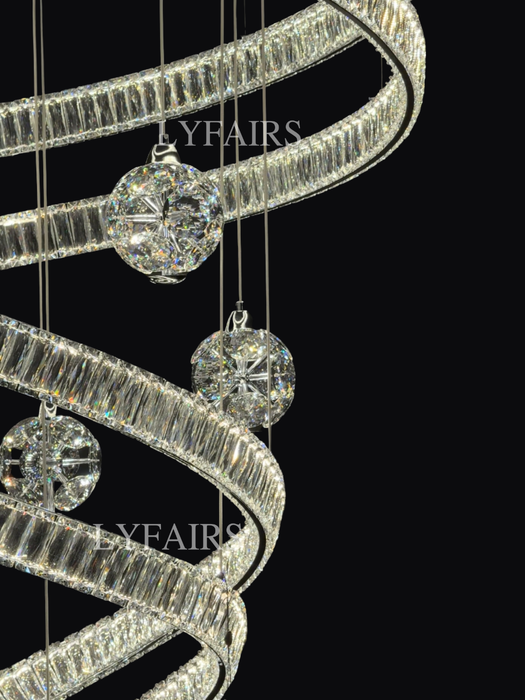 Contemporary Spiral Twisted Ribbon K9 Crystal Ball Staircase Chandelier