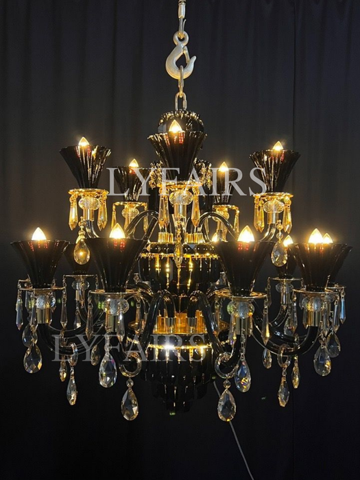 Lampadario di cristallo tradizionale americano con rami di candela, nero e oro, lampadario di lusso per soggiorno/sala da pranzo