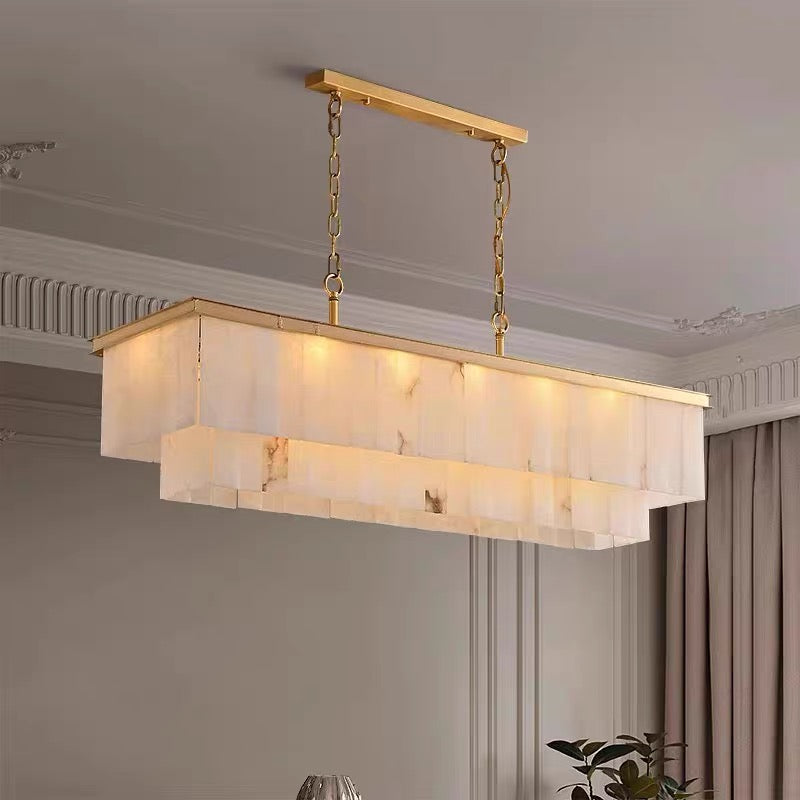 Modern Rectangular 2-tier Alabaster Chandelier for Dining Room