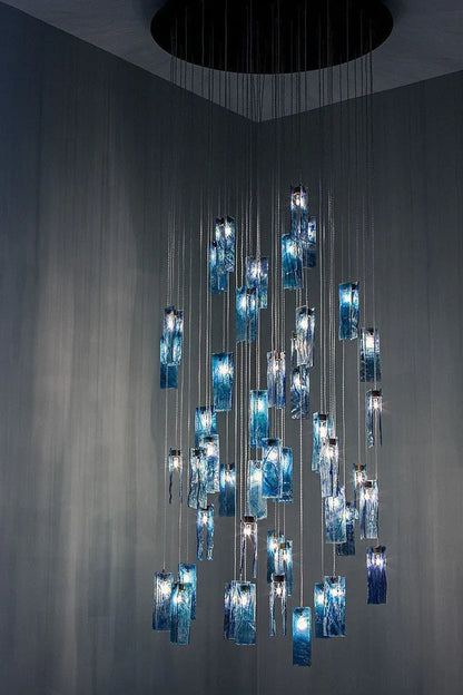 Modern Colorful Rectangle Cluster Glass Tile Staircase Chandelier