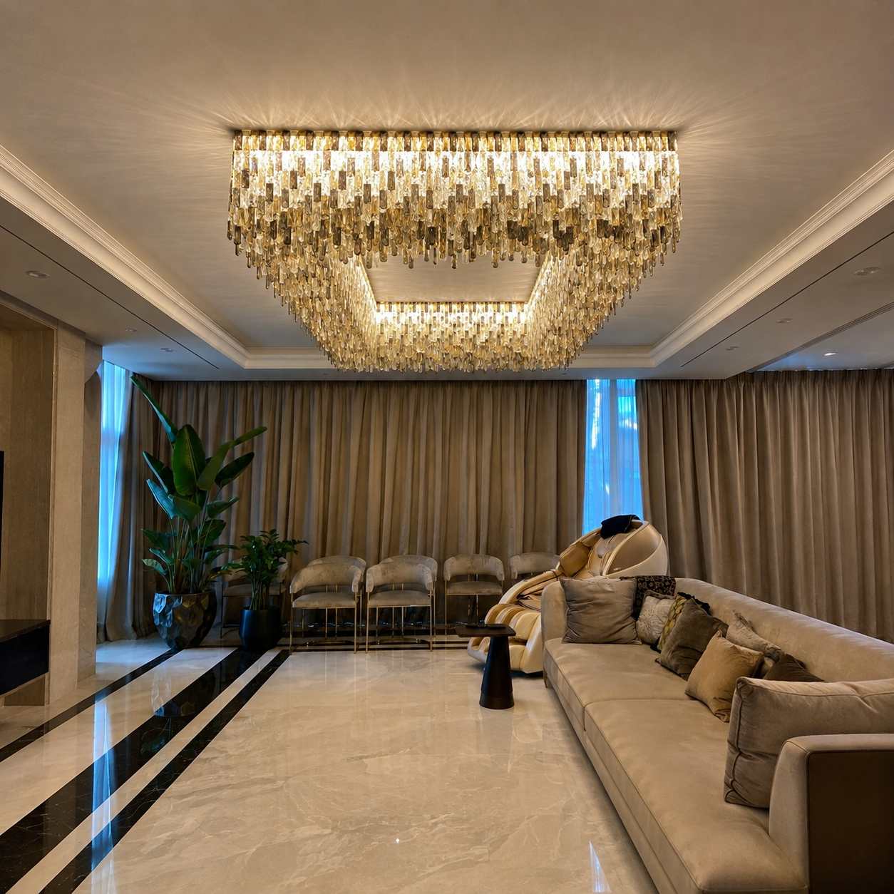 Grand Luxury Rectangular Gradient Smoky Amber Crystal Flush Mount Chandelier