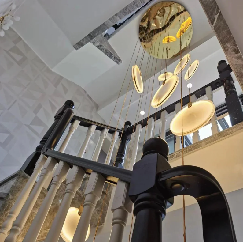 Modern Floating Round Alabaster Chandelier for High Ceiling