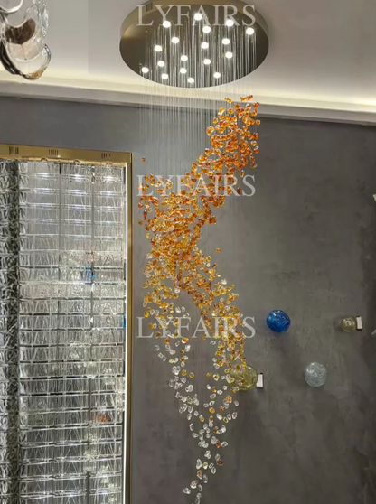 Modern Cascading Spiral Orange Glazed Glass Stone Chandelier for High Ceiling