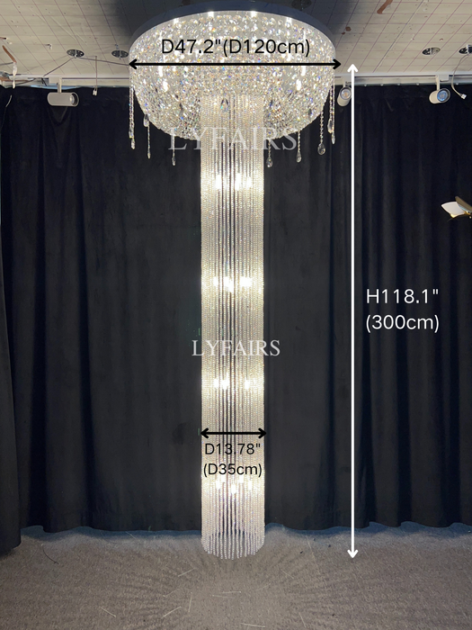 Extra Large Flush Mount Silver Waterfall Luxury Ceiling Crystal Chandelier for High-ceiling Living Room/Duplex Hall