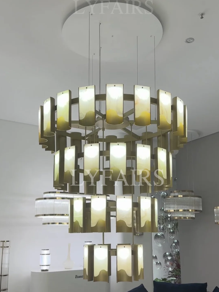 Modern 1/2/3/4 Tier Round Brass Chandelier with Jade