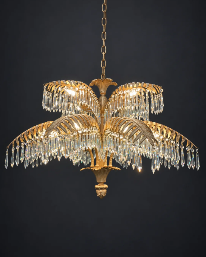 Lustre de luxe en cristal et laiton en forme de palmier pour salon/plafond bas 