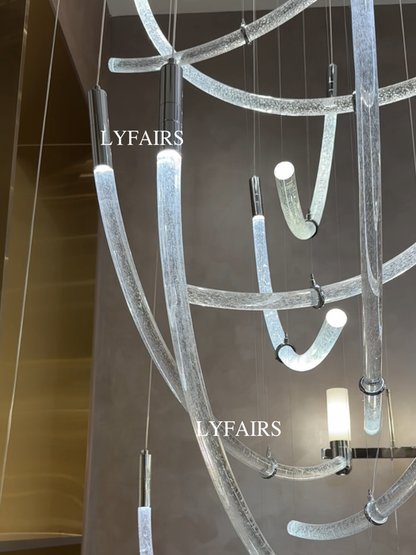 Modern Sculptural Curved Air Bubble Crystal Rod LED Chandelier