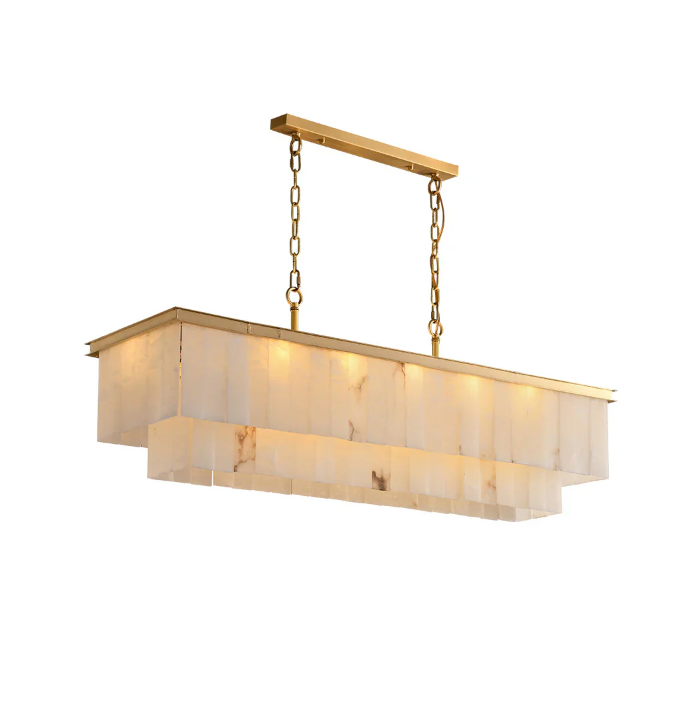 Modern Rectangular 2-tier Alabaster Chandelier for Dining Room