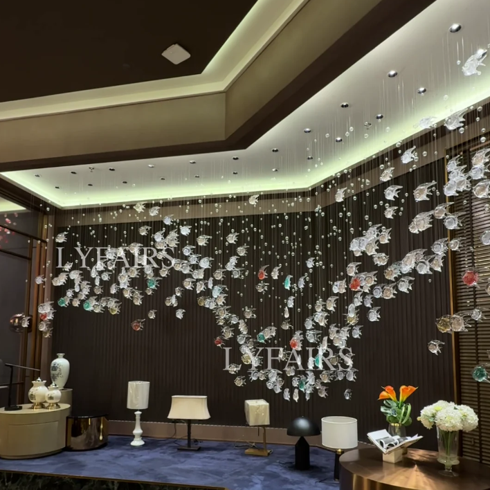 Artistic Flowing Fish Glazed Glass Chandelier for Hotel Lobby