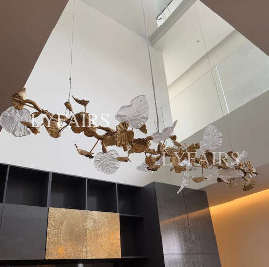 Nature-inspired Linear Brass Branches Chandelier with Glass Leaves