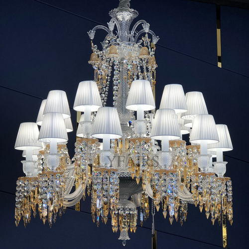 Lampadario di lusso classico a più livelli con paralume in cristallo giallo e candela, grande e luminoso, per stanze con soffitti alti/soggiorno
