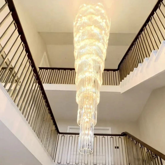 European style modern simple crystal chandelier for villa living room, between the rotating ladder.