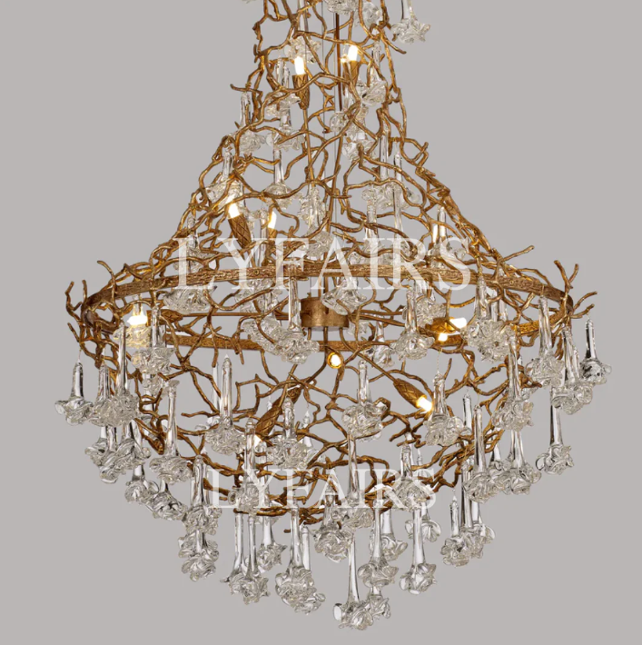 Nature-inspired Brass Tree Chandelier with Glazed Glass Flowers