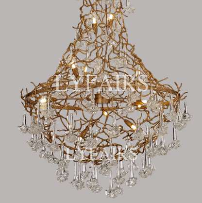 Nature-inspired Brass Tree Chandelier with Glazed Glass Flowers