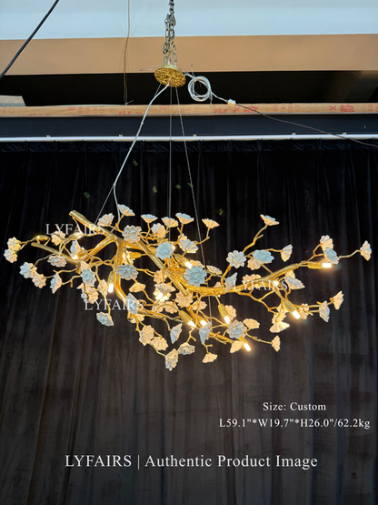 Post-Modern Art Brass and Ceramics Flower Pendant Branch Chandelier for Living/Dining Room
