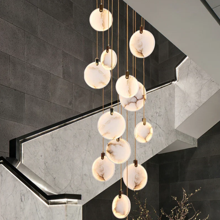 Modern Floating Round Alabaster Chandelier for High Ceiling