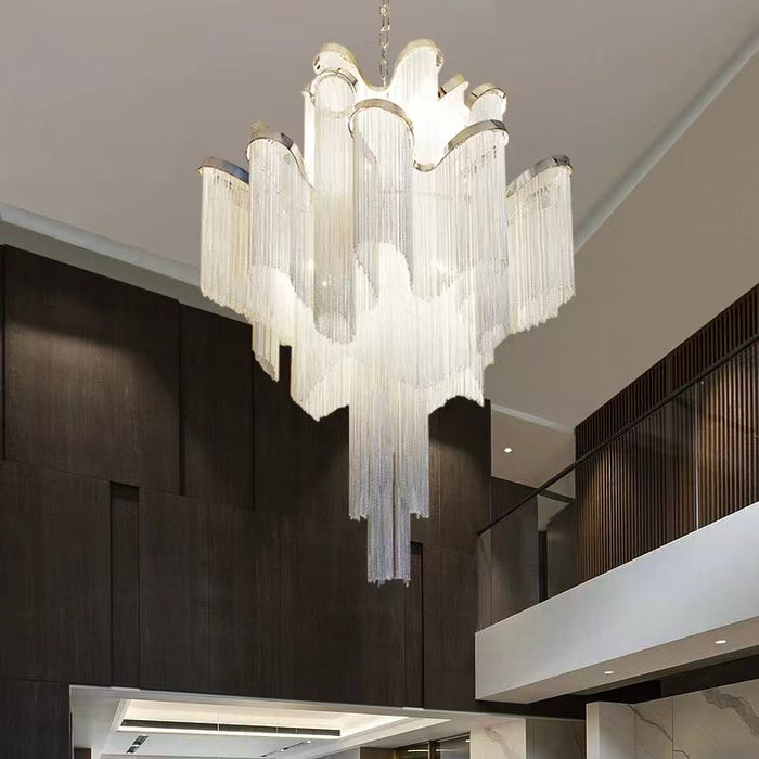 Contemporary Luxury Silver Stainless Steel Waterfall Tassel Chandelier