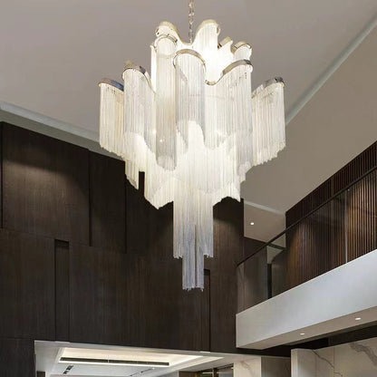 Contemporary Luxury Silver Stainless Steel Waterfall Tassel Chandelier