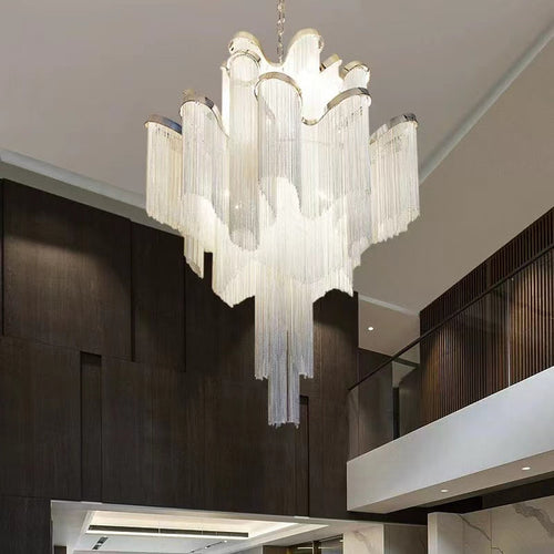 Contemporary Luxury Silver Stainless Steel Waterfall Tassel Chandelier