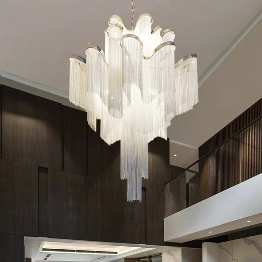 Contemporary Luxury Silver Stainless Steel Waterfall Tassel Chandelier