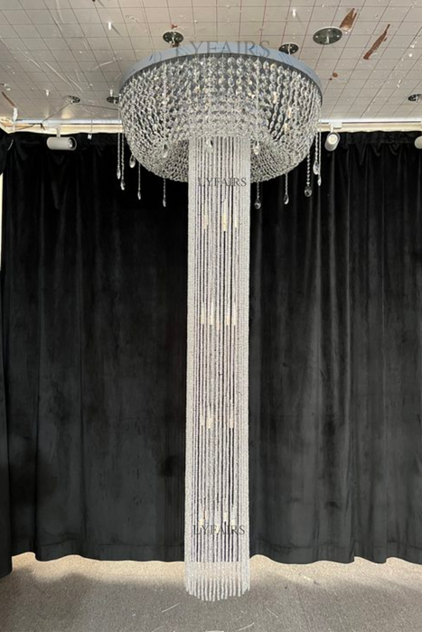 Extra Large Flush Mount Silver Waterfall Luxury Ceiling Crystal Chandelier for High-ceiling Living Room/Duplex Hall