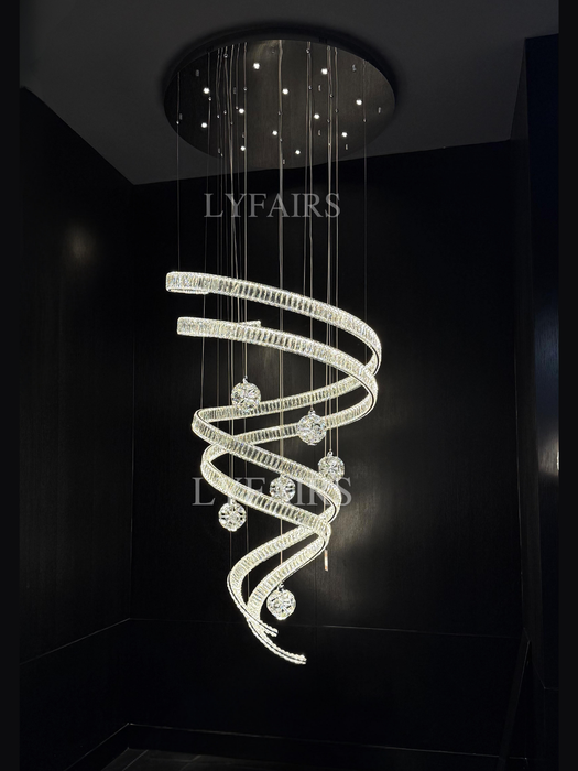 Contemporary Spiral Twisted Ribbon K9 Crystal Ball Staircase Chandelier
