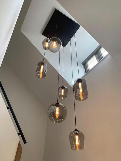 Modern Smoke Gray Glass Pendant Light Fixture Chandelier For 2 Story Foyer/Entryway/Staircase