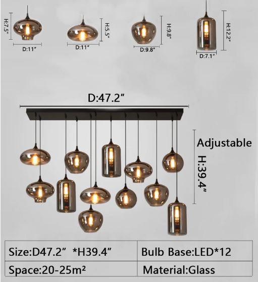 Smoky Gray Glass Chandelier for Cafe/Dining Room