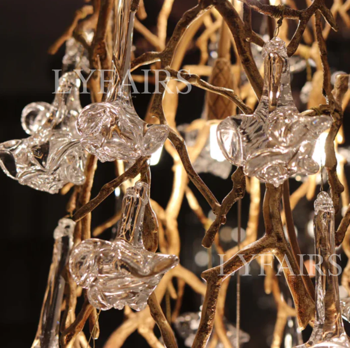 Nature-inspired Brass Tree Chandelier with Glazed Glass Flowers