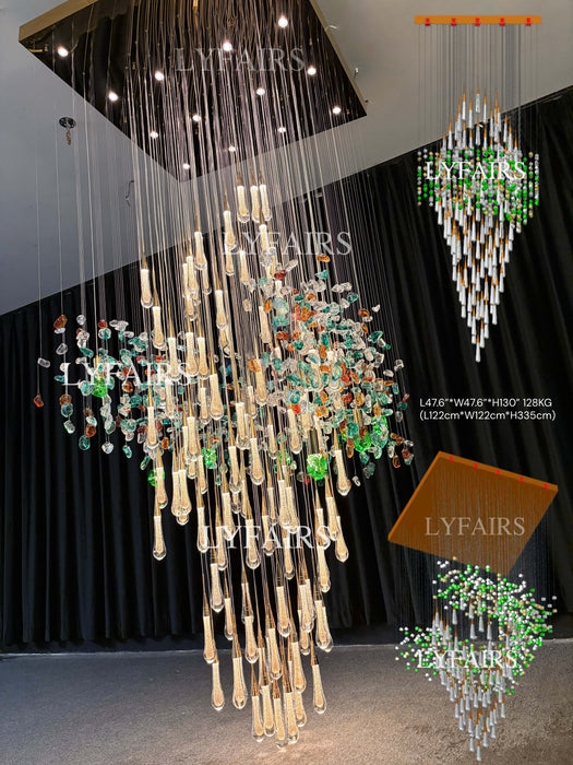 Lustre en cristal flottant extra large en forme de goutte de pluie colorée pour hôtel/restaurant/villa