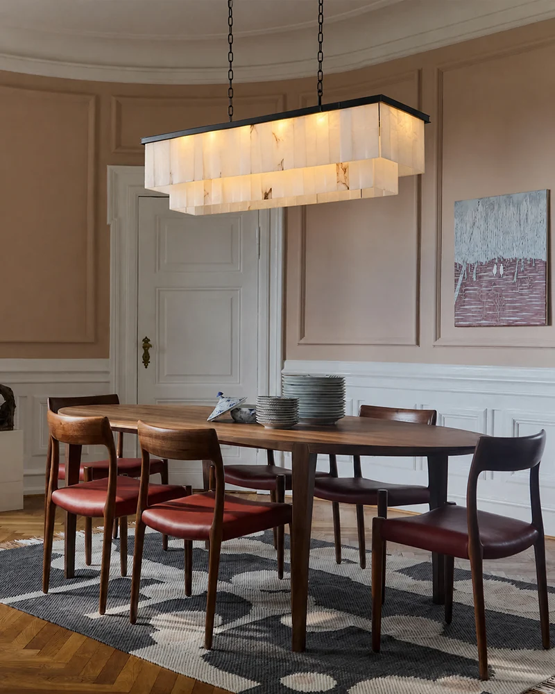 Modern Rectangular 2-tier Alabaster Chandelier for Dining Room