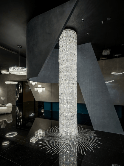 Oversized Art Designer Silver Crystal Long Ceiling Column Waterfall Chandelier