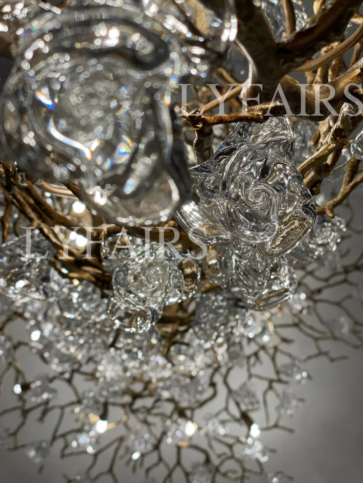 Nature-inspired Brass Tree Chandelier with Glazed Glass Flowers
