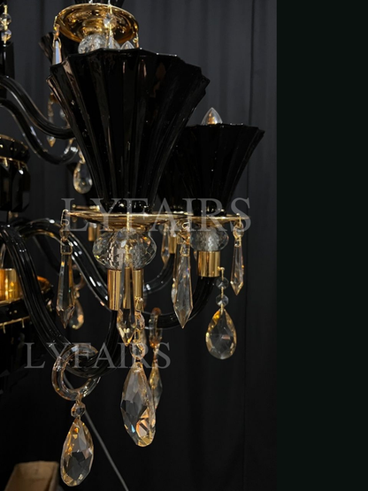 Lampadario di cristallo tradizionale americano con rami di candela, nero e oro, lampadario di lusso per soggiorno/sala da pranzo
