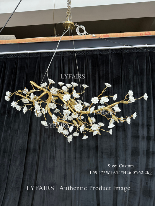 Post-Modern Art Brass and Ceramics Flower Pendant Branch Chandelier for Living/Dining Room