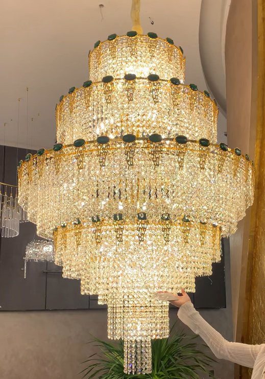 Lustre de luxe en cristal de jade à plusieurs niveaux pour salon/escalier/hall d'entrée