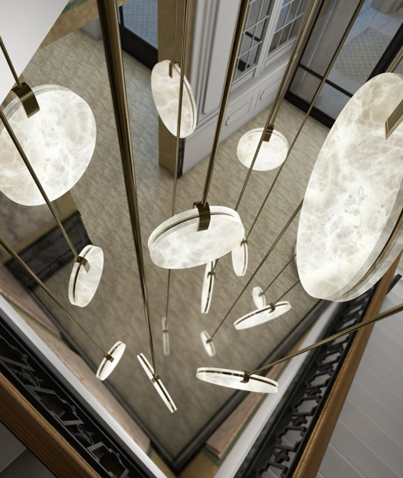 Modern Floating Round Alabaster Chandelier for High Ceiling