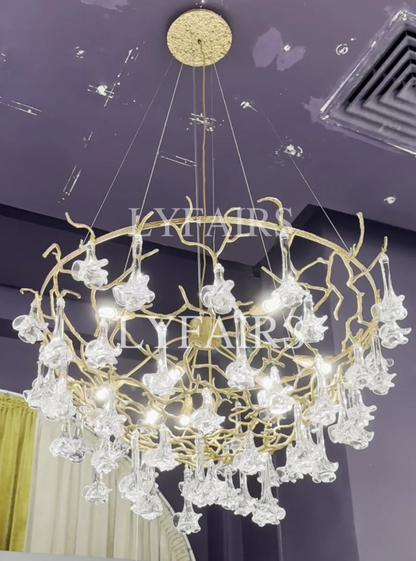 Nature-inspired Brass Tree Chandelier with Glazed Glass Flowers