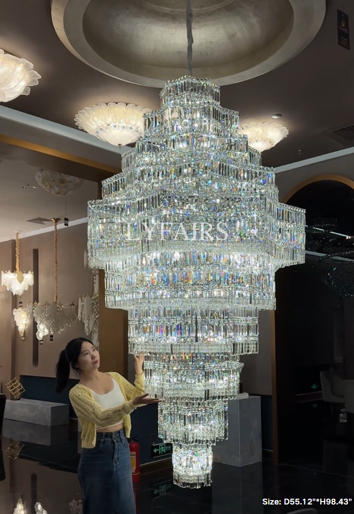 Lampadario di cristallo di lusso a più livelli Plaza extra large per hall di hotel / foyer a 2 piani / soggiorno con soffitto alto