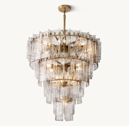 Vintage Inspired Tiered Clear/Smoky Gray Rippled Cast Glass Chandelier