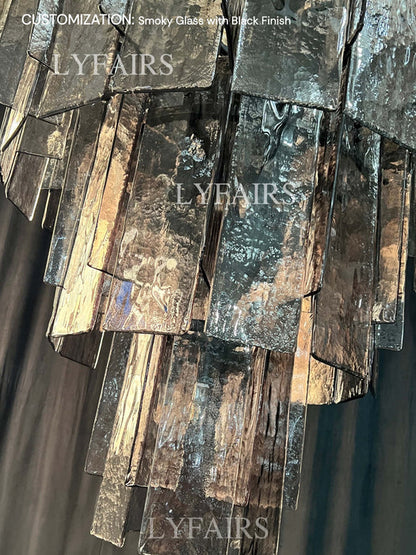Vintage Inspired Tiered Clear/Smoky Gray Rippled Cast Glass Chandelier